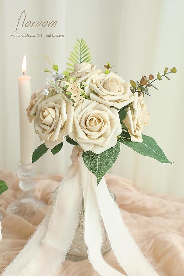Floroom Artificial Flowers 25pcs Real Looking Beige Foam Fake Roses with Stems for DIY Wedding Bouquets Bridal Shower Centerpieces Floral Arrangements Party Tables Home Decorations