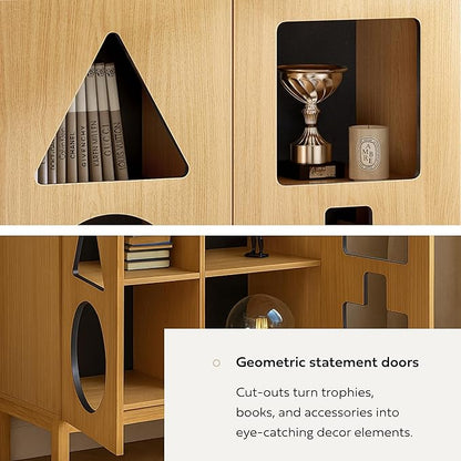 WERMO 37'' Showcase Display Cabinet with Geometric Cut-Out Doors - Modern Curio Cabinet for Dining Room, Living Room, Entryway. Trophy Case and Collectible Display Case Wood with Door & Storage Consoles (Oak)