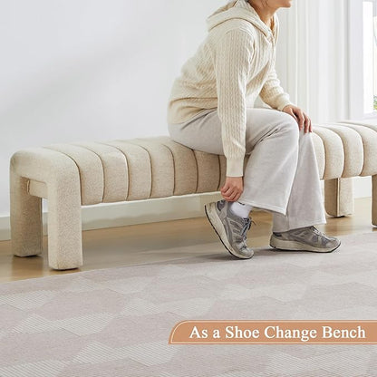 63’’ End of Bed Bench, Modern Linen Entryway Bench, Upholstered Ottoman Stool with Extra Length, Full Coverage Fabrics, Ottoman for Bedroom, Living Room, Dining Room, Beige