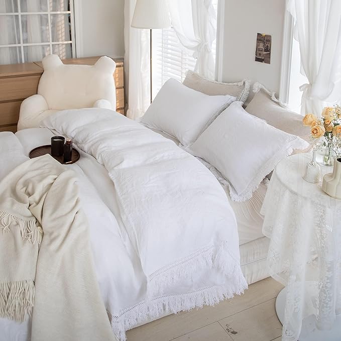 Simple&Opulence 100% Linen Boho Duvet Cover,3pcs Bohemian Textured Collection Bedding Set for All Seasons,French Country Comforter Cover Set with Pillow Shams(Full, Tassel-White)