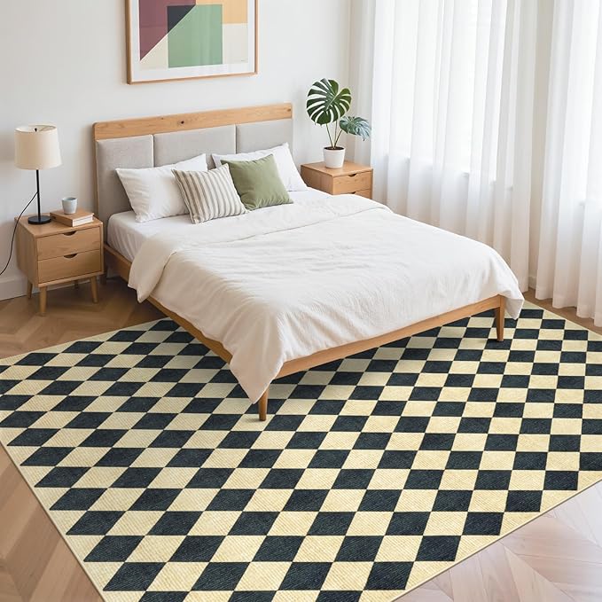 LIVEBOX Washable 8x10 Diamond Rugs for Living Room, Non-Slip Checkered Rug Soft Modern Neutral Geometric Plaid Area Rug for Bedroom, Large Farmhouse Carpet for Office Kids Room Classroom Dorm, Black
