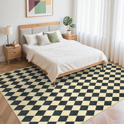 LIVEBOX Washable 8x10 Diamond Rugs for Living Room, Non-Slip Checkered Rug Soft Modern Neutral Geometric Plaid Area Rug for Bedroom, Large Farmhouse Carpet for Office Kids Room Classroom Dorm, Black