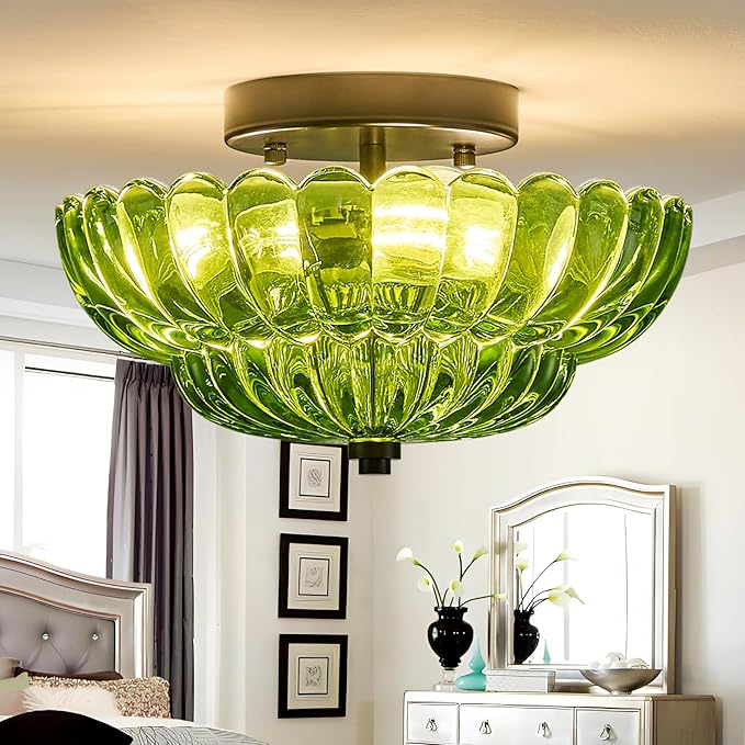 Modern Mid Century Black Semi Flush Mount Ceiling Light Fixture,3 Lights Green Glass Close To Ceiling Lighting Fixtures For Bedroom Hallway Kitchen Foyer Bathroom Closet Laundry Room 11.8 inch