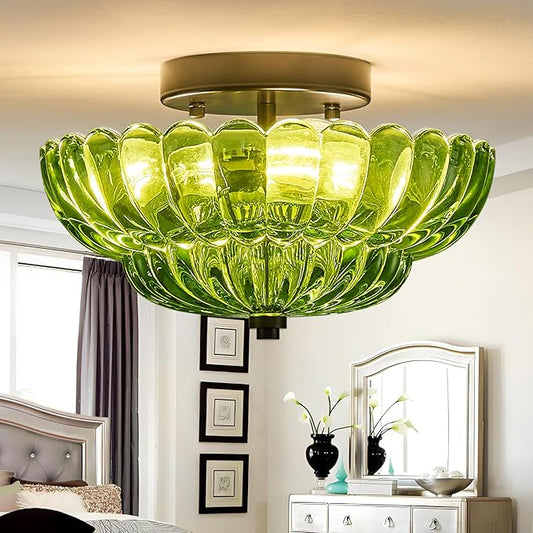 Modern Mid Century Black Semi Flush Mount Ceiling Light Fixture,3 Lights Green Glass Close To Ceiling Lighting Fixtures For Bedroom Hallway Kitchen Foyer Bathroom Closet Laundry Room 11.8 inch