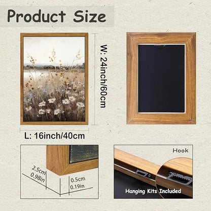 KBKBART Vintage Wall Art Framed, Retro Countryside Autumn Wildflower Field Landscape Canvas Painting Farmhouse Decor Wall Art, Rustic Fall Landscape Bathroom Wall Decor for Bedroom Living Room,