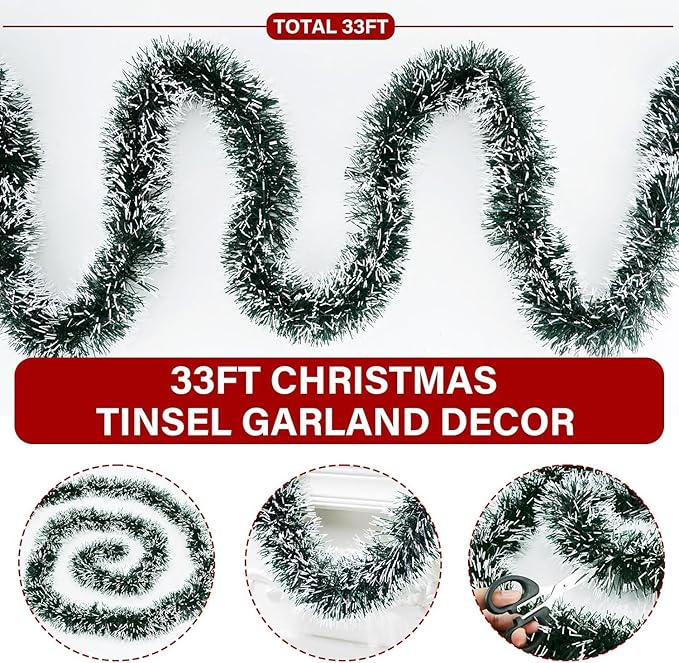 33FT Green Tinsel Christmas Garland Metallic Twist Shiny Garland for Christmas Tree Decorations, Xmas Holiday Hanging Garland for Home Indoor Outdoor Party Supplies Decor (Green, White)