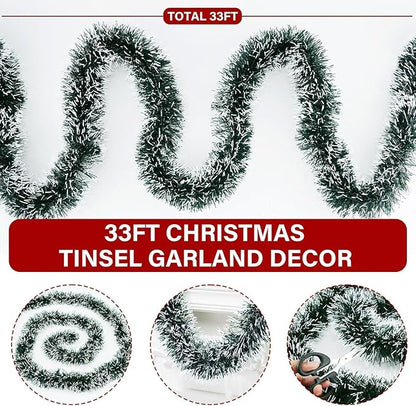 33FT Green Tinsel Christmas Garland Metallic Twist Shiny Garland for Christmas Tree Decorations, Xmas Holiday Hanging Garland for Home Indoor Outdoor Party Supplies Decor (Green, White)
