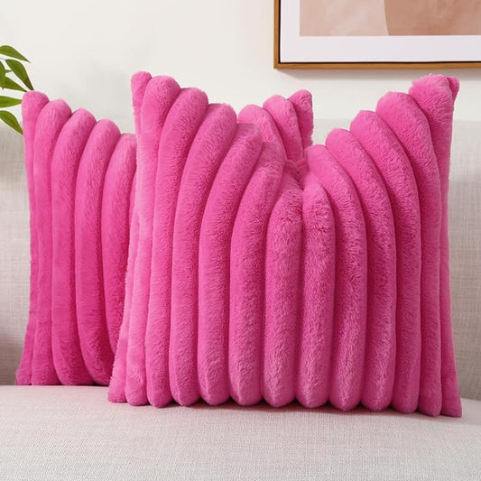 decorUhome Faux Fur Throw Pillow Covers 22x22 Set of 2, Decorative Soft Plush Striped Neutral Euro Pillow Covers with Velvet Back for Bed, Living Room Home Decor, Hot Pink