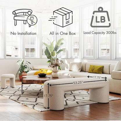 3-Piece Nesting Upholstered Bench with 2 Stools, 53" Chenille Accent Chair Waterfall Bench Modern End of Bed Entryway Bench Bedroom Bench for Living Room Vanity, White, No Need to Install