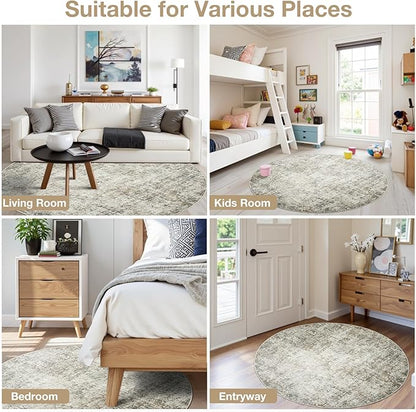 Round Rug 6ft Circle Rug Washable: Carpet Small Circular Area Rug for Entryway Kitchen Bedroom Dining Room Living Room 6 Feet Abstract College Dorm Non Slip Low Pile Beige Brown