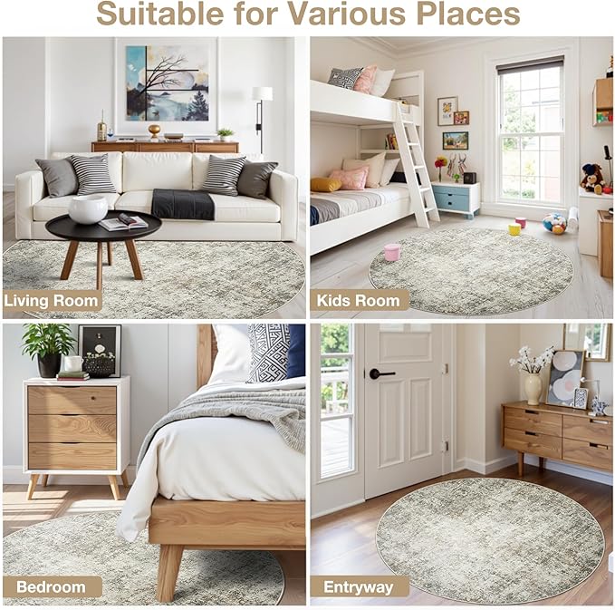 Round Rug 8ft Circle Rug Washable: Carpet Circular Area Rug for Entryway Kitchen Bedroom Dining Room Living Room Large 8 Feet Abstract College Dorm Non Slip Low Pile Beige Brown