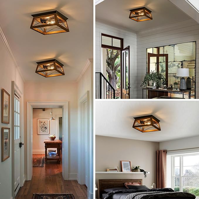 Farmhouse Ceiling Light, 2-Light Flush Mount Light Fixture with Metal and Wood Design, Rustic Light Fixture for Kitchen, Entryway, Hallway, Bedroom