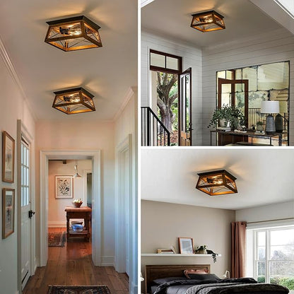 Farmhouse Ceiling Light, 2-Light Flush Mount Light Fixture with Metal and Wood Design, Rustic Light Fixture for Kitchen, Entryway, Hallway, Bedroom