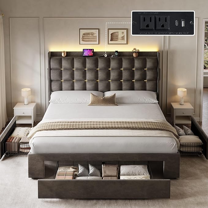 DWVO Queen Size Bed RGB LED Lights, Velvet Upholstered Platform Bed, Grey