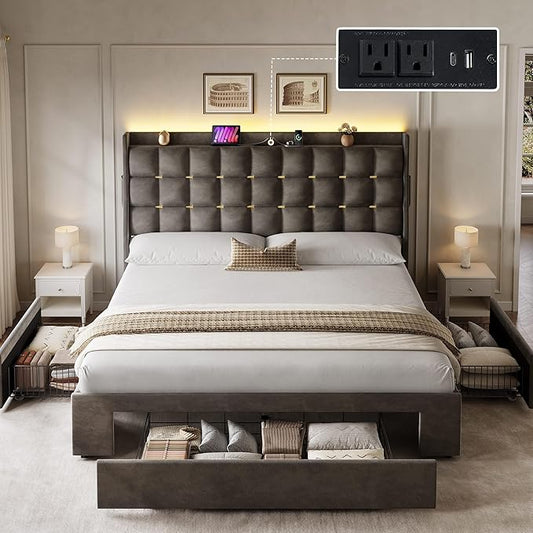 DWVO Queen Size Bed RGB LED Lights, Velvet Upholstered Platform Bed, Grey