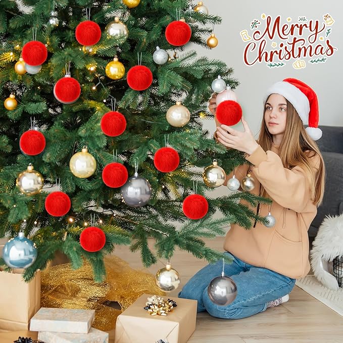 12Pcs Red Furry Christmas Ball Ornament for Xmas Tree Red Soft Faux Fur Pom Pom Ball Ornaments Christmas Tree Hanging Decorations for Winter Party Home Decor Costume Supplies