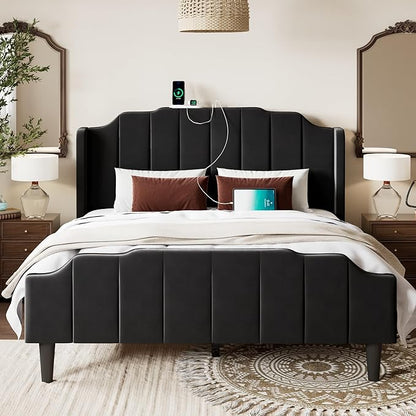 Allewie Vintage Queen Size Velvet Platform Bed Frame with Curved Vertical Tufted Wingback Headboard and Footboard, Charging Station, Easy Assembly, Under Bed Storage, No Box Spring Required, Black