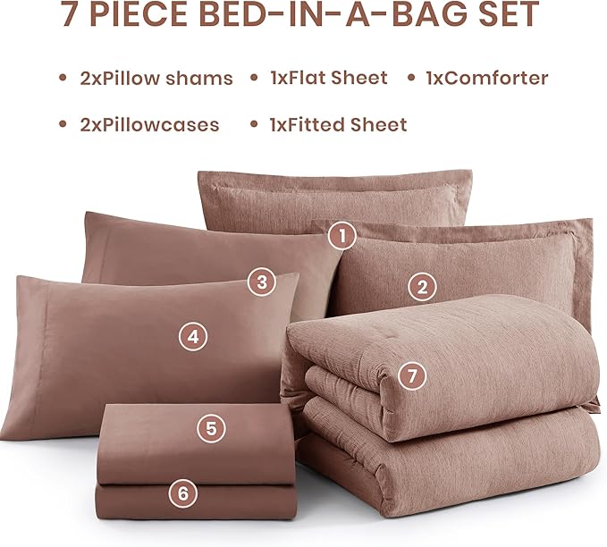 Monbix King Size Comforter Set,7 Pieces Dusty Pink Cationic Dyeing Bed in a Bag King with Comforter, Sheets, Pillowcases & Shams, All Season Reversible Bedding Comforters