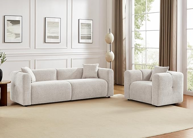 VANOMi Living Room Furniture Sets Include 95" Sofa & 42" Armchairs, Boucle Upholstered Oversized Couch with Pillows, Living Room Furniture Set for Bedroom Apartment (Light Khaki, 1 Sofa+1 Chair)