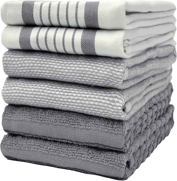 6 Pack Cotton Dish Towels 20x28 Absorbent with Hanging Loop Grey Striped