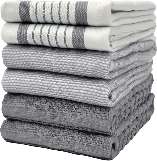 6 Pack Cotton Dish Towels 20x28 Absorbent with Hanging Loop Grey Striped