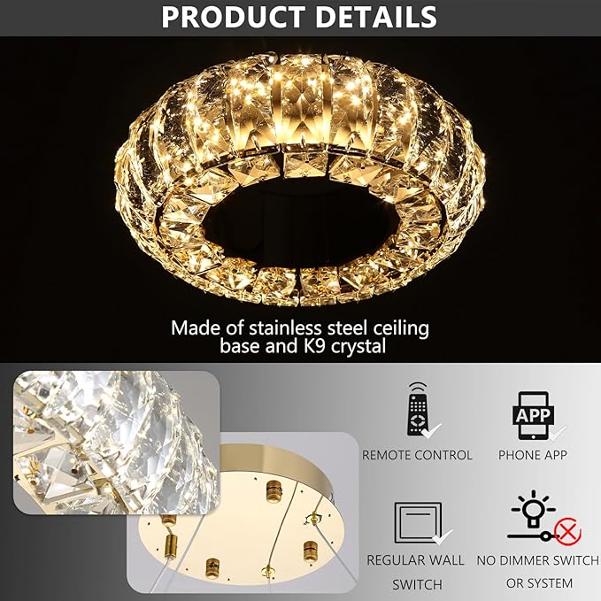 8" Ring Modern LED Dimmable Crystal Chandelier Adjustable Height Pendant Light Round Crystal Chandelier Light Fixtures for Dining Room Living Room Kitchen Island Gold