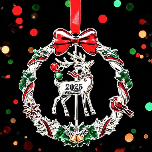 Christmas Ornament 2025 for Tree Hanging Decorations Dated 2025 Christmas Wreath Ornament with Rotatable Reindeer Metal Xmas Ornament for Holiday Decorative Keepsake Gifts
