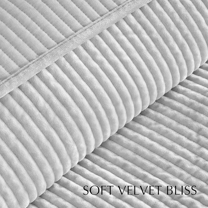 EVERGRACE Velvet Quilt Set Queen Size, Luxurious Soft Quilted Bedding Sets, Lightweight Velvet Comforter for All Season, Striped Channel Bedspread Coverlet with 2 Shams, Frost Gray