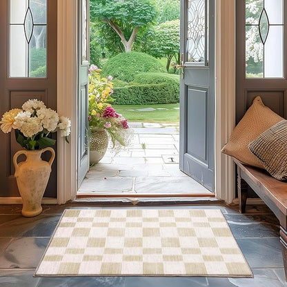 EVERGRACE Checkered Plaid Area Rug 2x3, Soft Fuzzy Faux Wool Rugs Washable Anti Slip Rugs Small Rug Carpet for Entryway Bedroom Living Room Hallway Kitchen Dining Room and Laundry Room, Beige