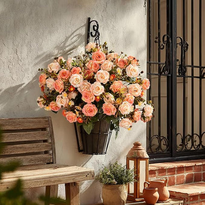 Artificial Flowers for Outdoor 4 Bundles Rose Bouquet with Daisy Faux Flowers UV Resistant for Home Indoor Outside Garden Porch Window Box Balcony Yard Porch Decor (Orange)