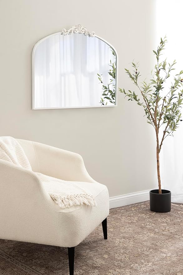 Kate and Laurel Arendahl Ornate Traditional Arched Mirror; 36 x 29; White; Decorative Baroque Style Arched Wall Mirror with Wide Frame and Crown