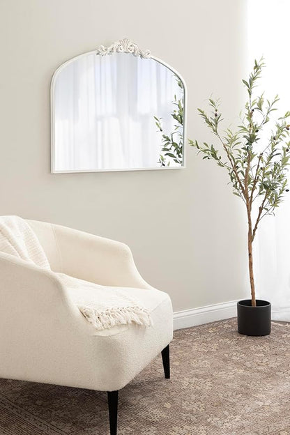 Kate and Laurel Arendahl Ornate Traditional Arched Mirror; 36 x 29; White; Decorative Baroque Style Arched Wall Mirror with Wide Frame and Crown