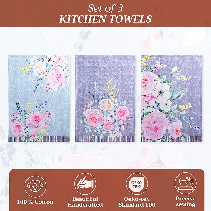 Maison d'Hermine Cotton Dish Towels Absorbent Kitchen Towels Sweet Rose Lavender Set of 3 Spring Summer