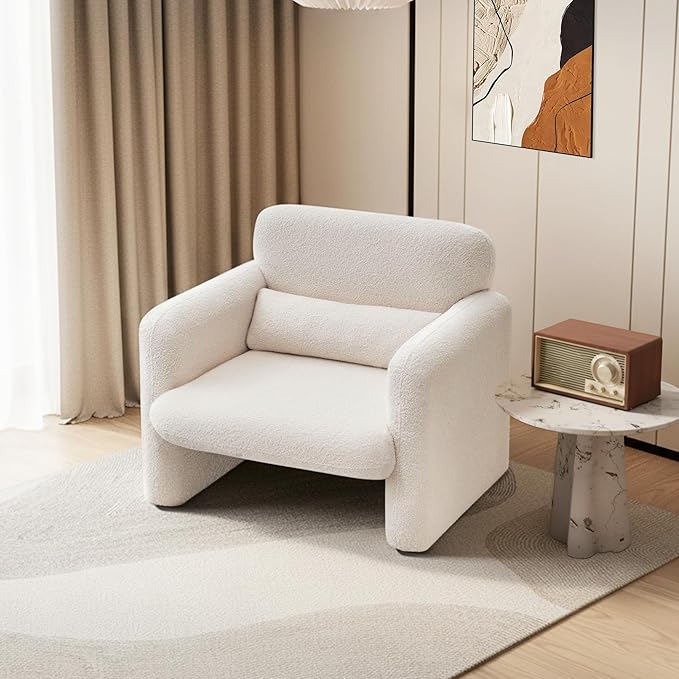 33.86" Accent Chairs, Modern Sherpa Fabric Armed Chair Comfy Upholstered Armchair Leisure Single Sofa Chair with a Waist Pillow for Bedroom, Office and Living Room