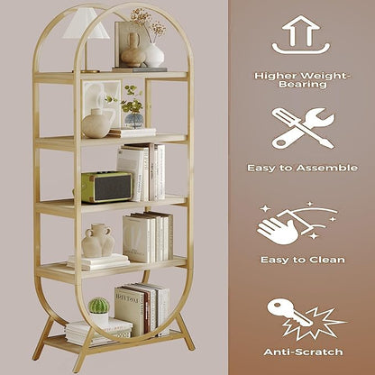Arched Bookshelf,5-Tier Tall Wide Open Bookshelf,Modern Brown Storage Display Rack Shelving Unit for Office, Bedroom, Living Room, Easy Assembly, Gold and Nature Wood