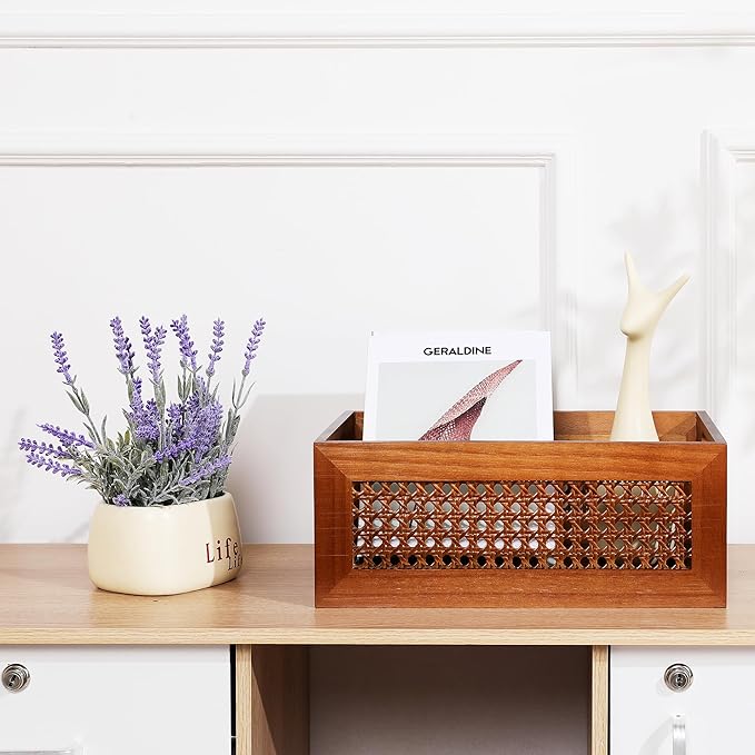 Wooden Storage Basket Handmade Rattan Drawer Storage Box with Frame & Handles Decorative Natural Bamboo Woven Bins Rustic Farmhouse Decor Home Office Tabletop Shelf Organizer 13.8" x 9.8" x 5.5"
