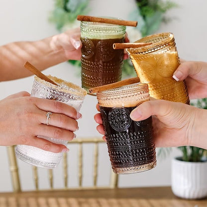 Kate Aspen Hobnail Beaded Floral Amber Drinking Glasses, (13 oz) Vintage Glassware Set Cocktail Glass Set, Juice Glass, Water Cups | Great Hostess Gift & Gift for New Home Owners | (Pack of 24)