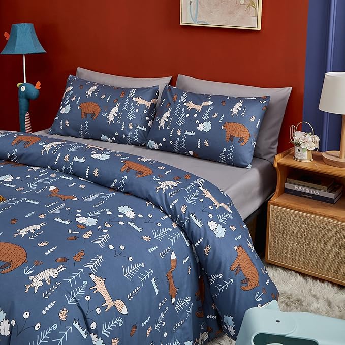 CLOTHKNOW Kids Comforter Sets Twin/Twin XL Blue Animal Woodland Bedding Comforter Sets Cartoon Forest Fox Rabbit Comforter with 2 x Pillow Cases