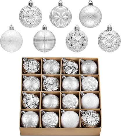 Valery Madelyn Ornaments for Christmas Trees, 16ct 2.36 Inches White and Silver Shatterproof Christmas Tree Decorations, Luxury Hanging Ball Ornaments for Xmas Holiday Party Decor