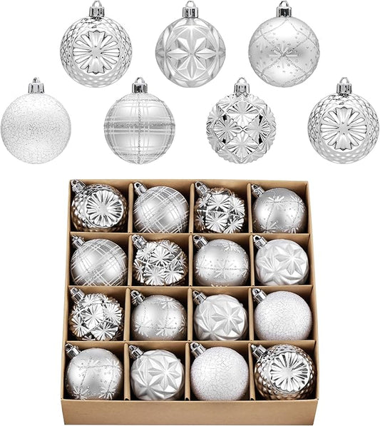Valery Madelyn Ornaments for Christmas Trees, 16ct 2.36 Inches White and Silver Shatterproof Christmas Tree Decorations, Luxury Hanging Ball Ornaments for Xmas Holiday Party Decor
