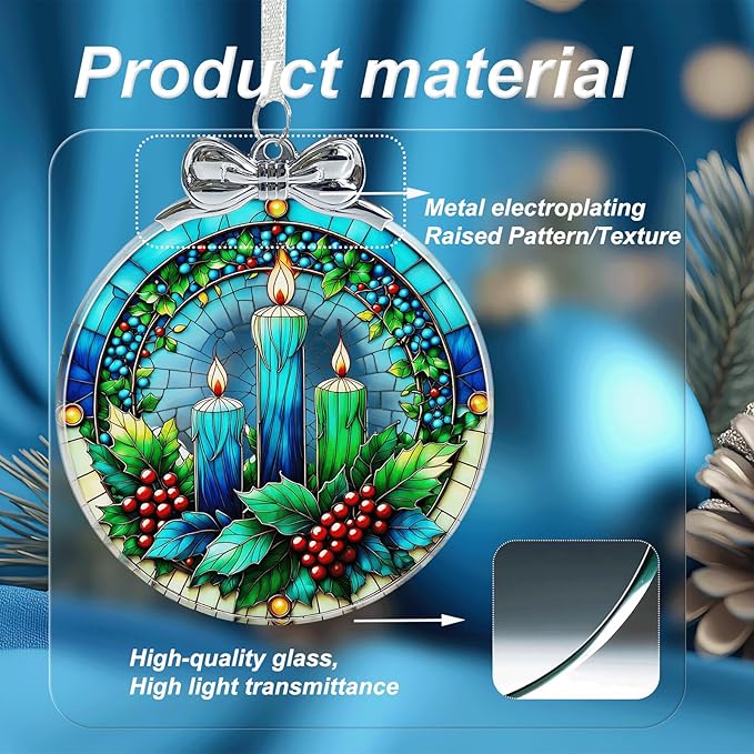 Christmas Candle Stained Glass Ornament - Hanging Ornaments for Christmas Tree, Christmas Ornaments Xmas Decorations, Holiday Keepsake Present Exchange Ideas