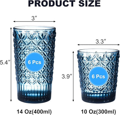 Blue Drinking Glasses Set of 12, 14 Oz Highball & 10 Oz Cocktail Glasses, Blue Kitchen Vintage Glassware Set, Floral Embossed Glass Tumbler Cups for Juice, Beer, Water, Whiskey, Coffee
