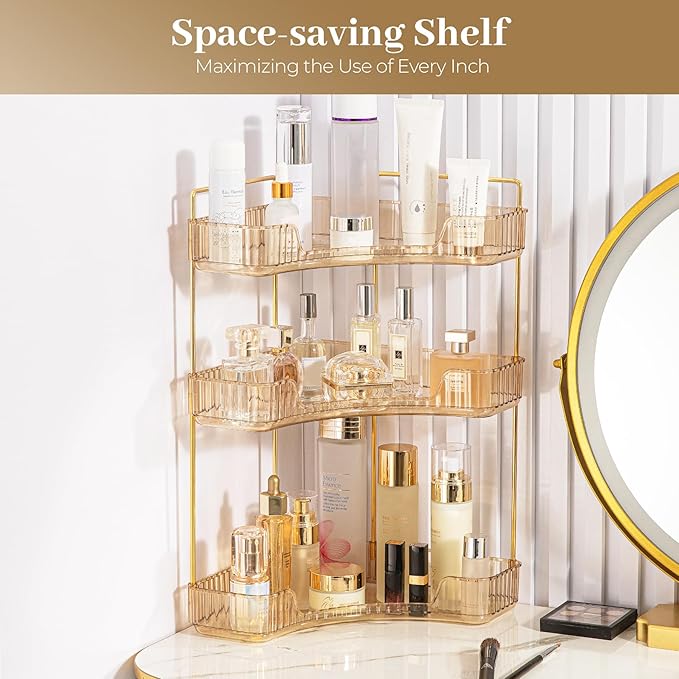 Aveniee Corner Bathroom Counter Organizer, Bathroom Countertop Shelf Makeup Organizer for Vanity Perfume Corner Storage (3 Tiers, Gold)