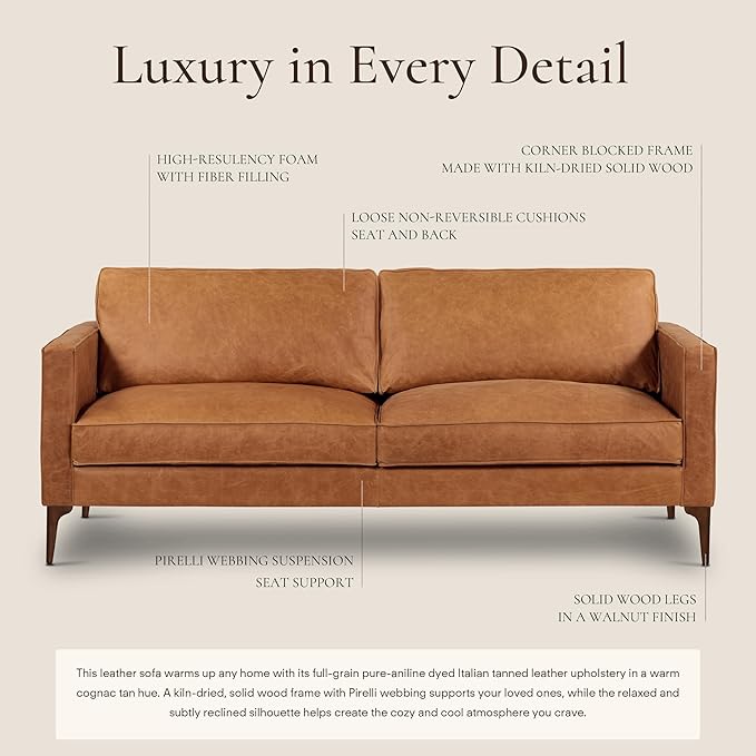 POLY & BARK Mateo Leather Sofa 82" in Full-Grain Pure-Aniline Italian Tanned Leather in Cognac Tan