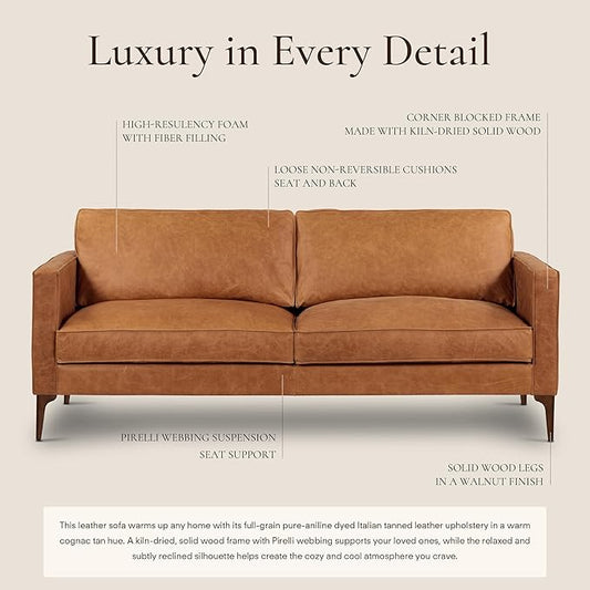 POLY & BARK Mateo Leather Sofa 82" in Full-Grain Pure-Aniline Italian Tanned Leather in Cognac Tan