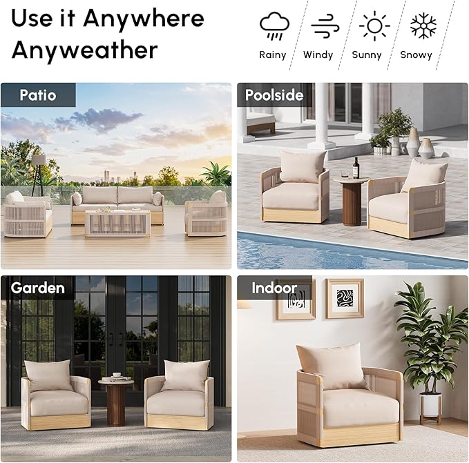 homary Outdoor Hand-Woven Rope Swivel Chair, 360 Degree Swivel Patio Chair, Hand-Woven Rope Outdoor Chair with Rainproof Cushion and Aluminum Frame for Garden, Balcony, Indoor, Khaki