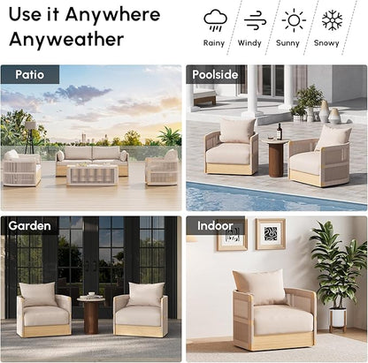 homary Outdoor Hand-Woven Rope Swivel Chair, 360 Degree Swivel Patio Chair, Hand-Woven Rope Outdoor Chair with Rainproof Cushion and Aluminum Frame for Garden, Balcony, Indoor, Khaki