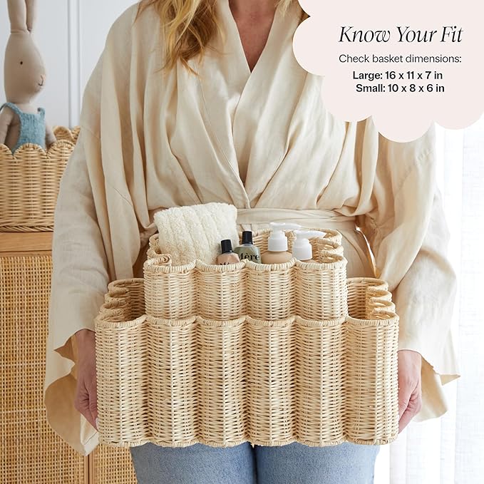 BEBE BASK Unique Wavy Scalloped Basket Set Of 2 - Scallop Basket - 16 x 10 x 7 In - Hand-Woven Elegant Wicker With Scalloped Edge Lid - Nursery Storage - (Earthy)