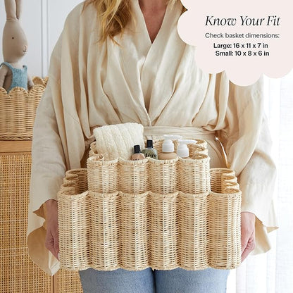 BEBE BASK Unique Wavy Scalloped Basket Set Of 2 - Scallop Basket - 16 x 10 x 7 In - Hand-Woven Elegant Wicker With Scalloped Edge Lid - Nursery Storage - (Earthy)