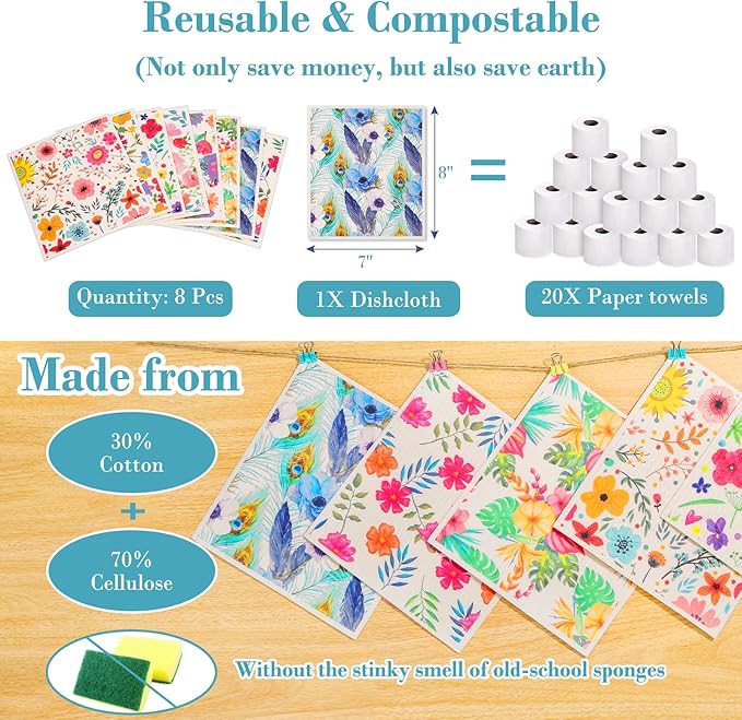 Lucomb Swedish Dishcloths 8 Pack Reusable Eco Friendly Biodegradable Cleaning Rags for Kitchen Dishes Home Office